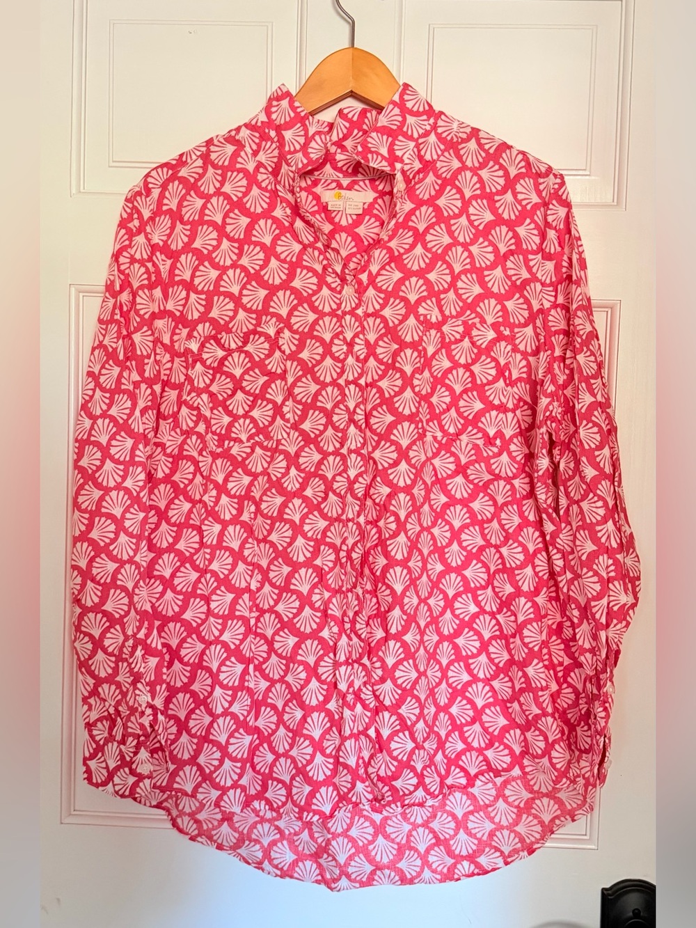 Boden Pink and White Shell-Print Button-Down Shirt 100% Linen
